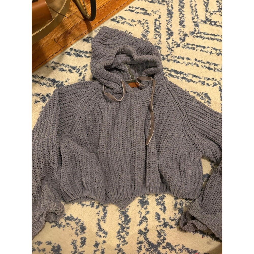 Gray Cozy Chunky Knit Cropped POL Hoodie Sweater